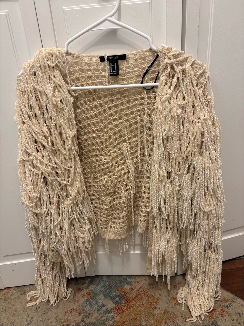 Forever 21 Cream Fringe Open-Weave Cardigan